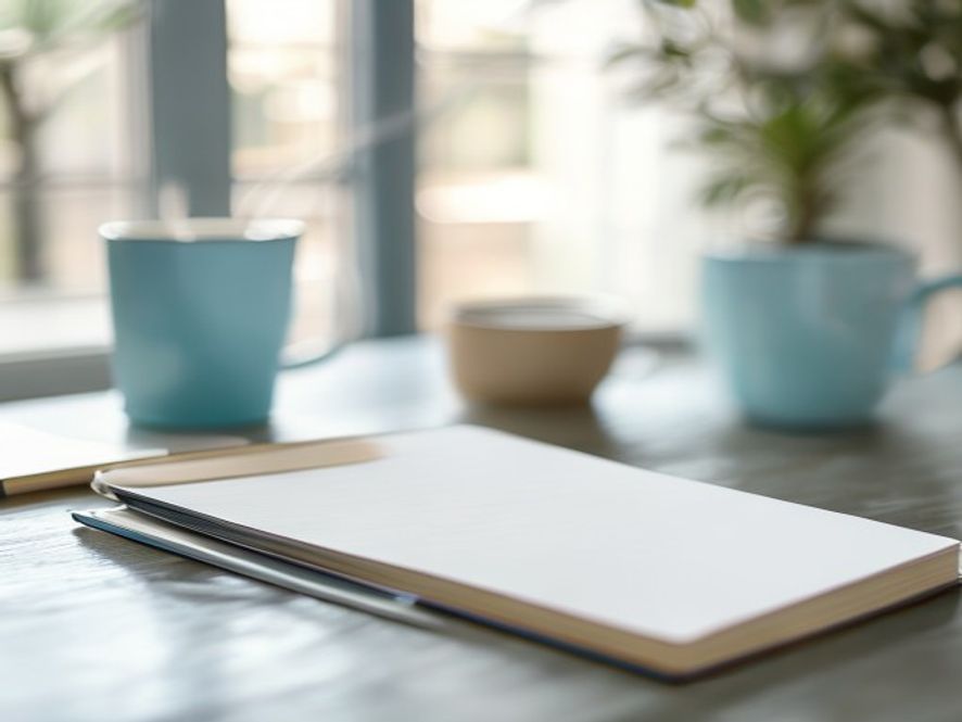 Notitieboek met checklist en pen op een schoon bureau, kopje koffie ernaast