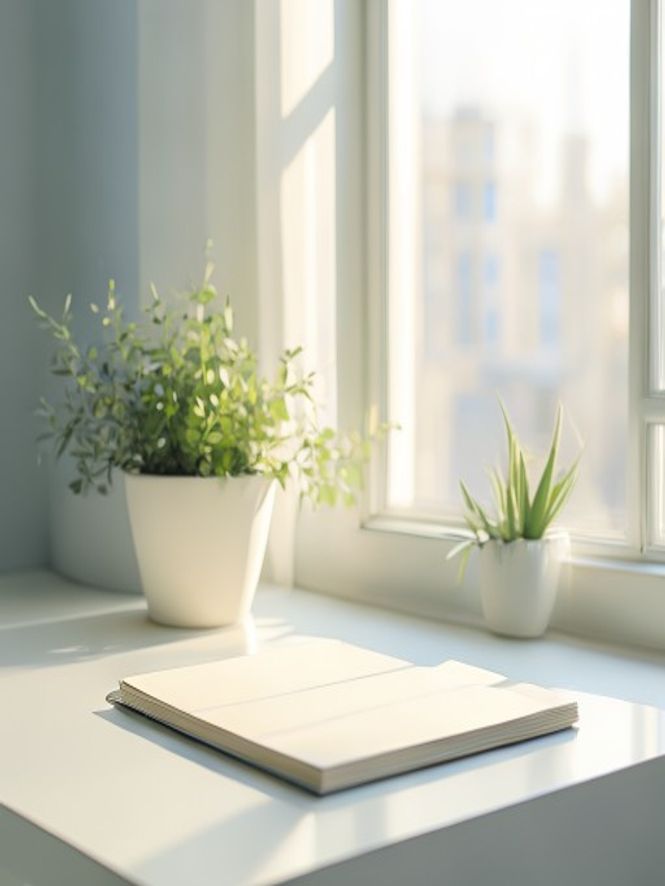 Minimalistisch bureau met notitieboek, plantje en ochtendzoen bij het raam